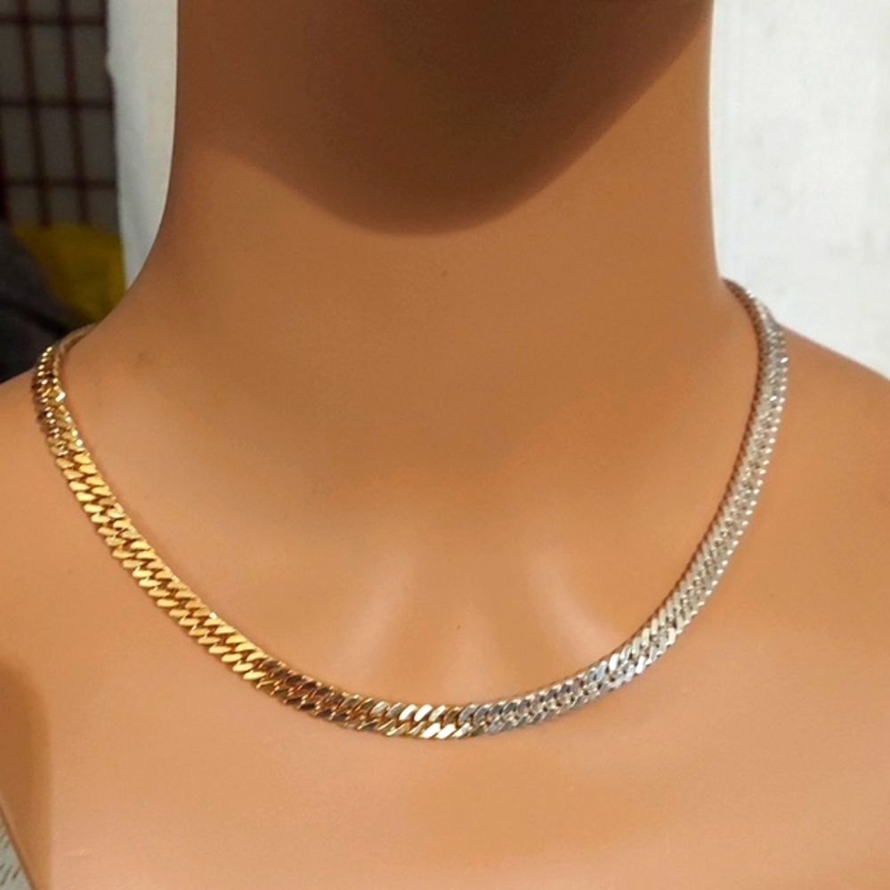 Dyadema Bronze Italy Two-Tone Gold Silver Herringbone Necklace 18" - Picture 7 of 12